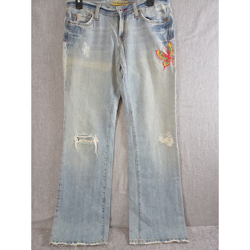Miss Me Jeans 28 Embroidered Butterfly Flowers Low Rise Flared Distressed Boho